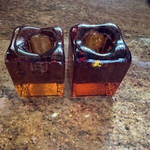 VTG MCM Blenko Amber Ice Cube Candlestick Pair Set of 2
